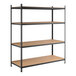 A black heavy-duty boltless shelving unit with four particleboard shelves and tall uprights.