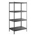 A black four-shelf boltless laminate shelving unit with metal uprights and adjustable shelves.