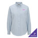 A women's blue striped long sleeve oxford dress shirt with a button-down front and customizable logo on the chest.