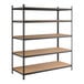 A black heavy-duty five-shelf boltless shelving unit with particleboard shelves and metal uprights.