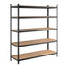 A black heavy-duty five-shelf boltless shelving unit with particleboard shelves and tall uprights.