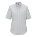 A close-up of a medium women's grey stripe short sleeve Edwards dress shirt.
