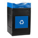 A blue Commercial Zone Avante recycling bin with a blue lid and blue recycle sign.