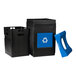 A black Commercial Zone Avante multi-stream recycling bin with blue recycle signs.