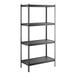 A black four-shelf boltless laminate shelving unit with metal uprights.