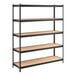 A black metal shelving unit with five particle board shelves and 72-inch uprights.