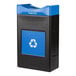 A blue Commercial Zone recycling bin with a blue lid and recycle symbol.