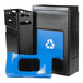 A black rectangular recycling bin with a blue recycle sign on the front.