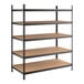 A black heavy-duty boltless shelving unit with five particleboard shelves and metal uprights.