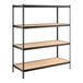 A black metal shelving unit with four particle board shelves and 72-inch uprights.