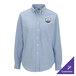 A women's large blue long sleeve oxford dress shirt with a button-down collar and a customizable logo on the chest pocket.