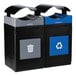 Two blue and gray Commercial Zone recycle bins with canopy tops.