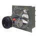 A Canarm wall exhaust fan with a metal housing and a black motor with a metal fan.