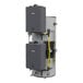 A large grey Rinnai Demand Duo water heater with two vertical tanks and black pipes.