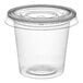 A Choice clear plastic souffle cup with a lid.