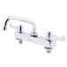 A chrome Equip by T&S deck-mounted workboard faucet with two wrist handles and a swing spout.