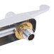 A close up of an Equip by T&S deck-mounted faucet with wrist handles and a swing spout.