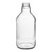 A clear glass bottle with a label panel.