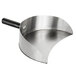 A silver metal gyro pan with a black handle.
