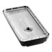 A black and clear plastic lid on a clear plastic container with a hole.