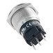 A stainless steel push button switch with a black cover.