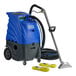 A blue and grey Lavex carpet extractor with a black handle and hoses.