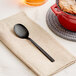 A Libbey Elexa Satin Noir stainless steel teaspoon on a napkin next to a red pot of food.