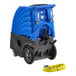 A blue and grey Lavex carpet extractor machine with hoses and a stainless steel tool.