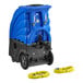 A blue and black Lavex carpet extractor with yellow cables and wheels.