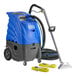 A blue and grey Lavex carpet extractor with hoses and a wand.