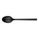 A black stainless steel oval dinner spoon with a long handle.