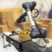 A RG Group QueBot D robotic palletizer with a robotic arm stacking boxes.