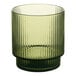 A green glass ribbed tealight holder.