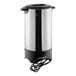A large stainless steel coffee urn with a black base and lid, featuring an attached power cord.