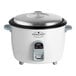 A white electric rice cooker and warmer with a stainless steel lid and side handles.