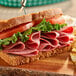 A sandwich with Hebrew National beef salami, lettuce, and tomatoes.