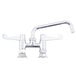 A chrome Equip by T&amp;S deck-mounted faucet with wrist handles and a swing spout.