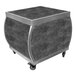 An Eastern Tabletop charcoal laminate bulge cart with stainless steel edges on wheels.