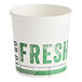 An Innopak white poly-coated paper food cup with green text that says "Fresh"