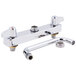 A chrome Equip by T&S deck-mounted workboard faucet with swing spout and lever handles.