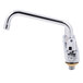 A chrome Equip by T&S deck-mounted faucet with lever handles and an 8 1/2" swing spout.