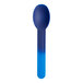 A blue heavy weight plastic spoon with a black handle.