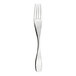 A close up of a silver WNK Ovation dessert fork with a white handle.