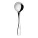 A WNK Ovation stainless steel round bowl soup spoon with a long stem.