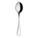 A close-up of a WNK Pearl from Steelite International stainless steel spoon with a black handle.