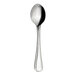 A close-up of a WNK Pearl stainless steel demitasse spoon with a handle.