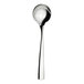 A close-up of a WNK Zen stainless steel round bowl soup spoon with a long handle.