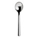 A close-up of a WNK Chatsworth stainless steel round bowl soup spoon with a long handle.