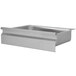 A silver metal drawer with slides in a stainless steel work table.