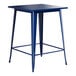 A blue Lancaster Table & Seating bar height table with a square top and legs.